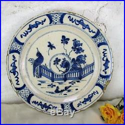 Antique 18th Century Large Delft Wall hanging Charger Plate Blue White Peacock