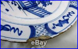Antique 18th Century Large Delft Wall hanging Charger Plate Blue White Peacock