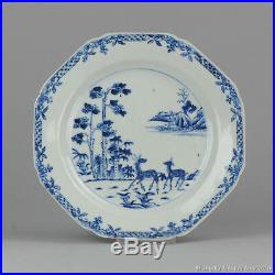 Antique 18th c Chinese Porcelain Blue & White Plate Qing Period Deers Lingzhi