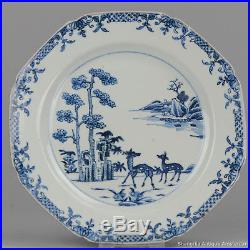 Antique 18th c Chinese Porcelain Blue & White Plate Qing Period Deers Lingzhi
