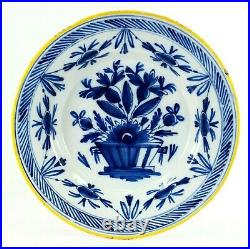 = Antique 18th c. Delft Plate Chinoiserie Blue & White Yellow Rim Flower Basket