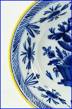= Antique 18th c. Delft Plate Chinoiserie Blue & White Yellow Rim Flower Basket