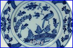 = Antique 18th c. Delft Plate Chinoiserie Blue & White w. Garden Fence and Bird
