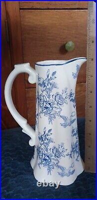 Antique 1910 English Blue & White Floral Ironstone Pitcher 10 No Chips/Cracks