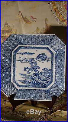 Antique 19c Chinese Porcelain Blue And White Large Plate Landscape Scenes