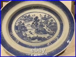 Antique 19th C Canton Chinese Export Blue White Porcelain Platter Signed