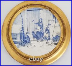 Antique 19th C Minton English Blue White Porcelain Plate Girl Woman w Fire Wood