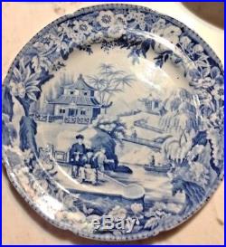 Antique 19th Century Blue White Davenport Transferware Chinoiserie Bread Plates