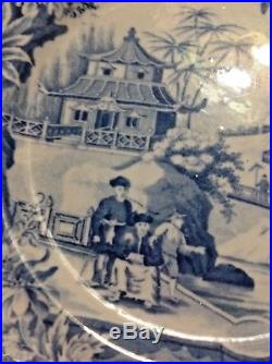 Antique 19th Century Blue White Davenport Transferware Chinoiserie Bread Plates