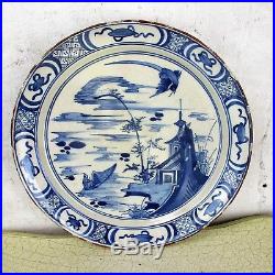 Antique 19th Century Large Delft Charger Plate Blue White Pagoda Chinoiserie