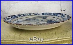 Antique 19th Century Large Delft Charger Plate Blue White Pagoda Chinoiserie