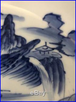 Antique Blue White Mountains Japanese Porcelain Plate Charger Shallow Bowl