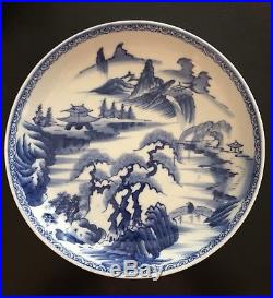 Antique Blue White Mountains Japanese Porcelain Plate Charger Shallow Bowl