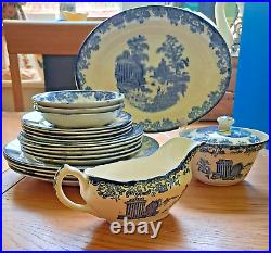 Antique Blue & White Platter, Creamer, 14 Plates, 3 Dip Bowls, 1 Lid Sugar Bowl