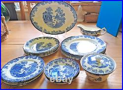 Antique Blue & White Platter, Creamer, 14 Plates, 3 Dip Bowls, 1 Lid Sugar Bowl