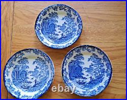 Antique Blue & White Platter, Creamer, 14 Plates, 3 Dip Bowls, 1 Lid Sugar Bowl