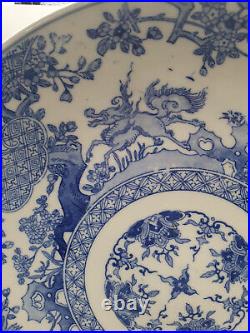 Antique Blue and White Chinese Plate Foo Dogs & Love Birds (19thC)