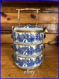 Antique Bombay Blue & White Porcelain 3 Tier Tiffin Box Brass Carrier Thailand