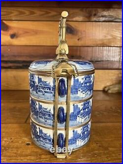 Antique Bombay Blue & White Porcelain 3 Tier Tiffin Box Brass Carrier Thailand