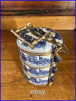 Antique Bombay Blue & White Porcelain 3 Tier Tiffin Box Brass Carrier Thailand