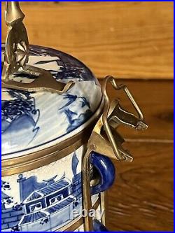 Antique Bombay Blue & White Porcelain 3 Tier Tiffin Box Brass Carrier Thailand