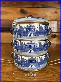 Antique Bombay Blue & White Porcelain 3 Tier Tiffin Box Brass Carrier Thailand