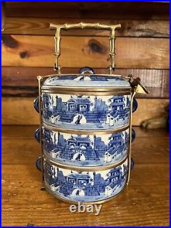 Antique Bombay Blue & White Porcelain 3 Tier Tiffin Box Brass Carrier Thailand