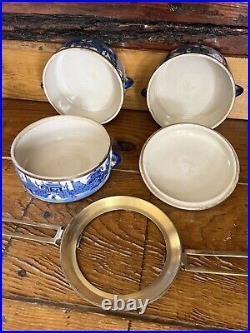 Antique Bombay Blue & White Porcelain 3 Tier Tiffin Box Brass Carrier Thailand