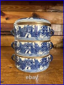 Antique Bombay Blue & White Porcelain 3 Tier Tiffin Box Brass Carrier Thailand