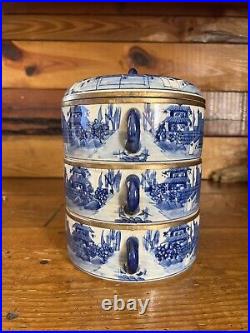 Antique Bombay Blue & White Porcelain 3 Tier Tiffin Box Brass Carrier Thailand