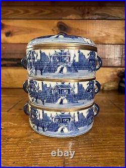 Antique Bombay Blue & White Porcelain 3 Tier Tiffin Box Brass Carrier Thailand