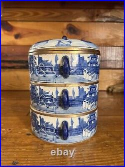 Antique Bombay Blue & White Porcelain 3 Tier Tiffin Box Brass Carrier Thailand