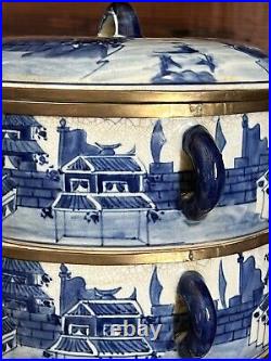 Antique Bombay Blue & White Porcelain 3 Tier Tiffin Box Brass Carrier Thailand