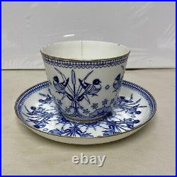 Antique Brownfield & Sons Large Cup + Saucer Blue White Birds England c1880