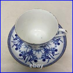 Antique Brownfield & Sons Large Cup + Saucer Blue White Birds England c1880