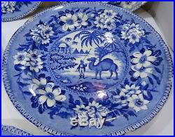 Antique C19th Set of 6 Blue & White Transferware Plates Camel Dromedary Pattern