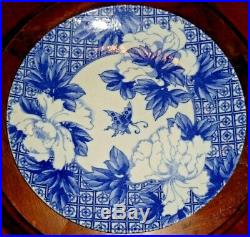 Antique Canton Blue & White Chinese Export Porcelain Charger with Wood Table Stand