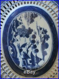 Antique Canton Blue & White Chinese Export Small Reticulated Oval Platter Plate