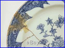 Antique Chinese 1666-1722 Kangxi Blue & White Porcelain Charger Staple Repairs