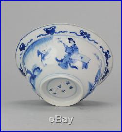 Antique Chinese 18C Kangxi Klapmuts Figures Blue White Dish Rare Chenghua
