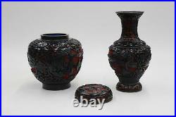 Antique Chinese Black Red & Multi Phoenix Vase w Blue White Plates Job Lot x6