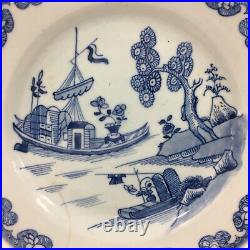 Antique Chinese Blue & White Plate Boat / Ship On River Cracked 23cm Diameter