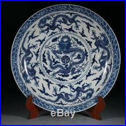 Antique Chinese Blue White Porcelain Dragon Plate 45.8cm Huge