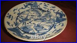 Antique Chinese Blue & White Porcelain Plate Bowl Underglazed Cobalt Duck Dragon