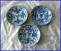 Antique Chinese Blue & white Porcelain Plate Dish Bowl x 3 Kangxi 1662-1722