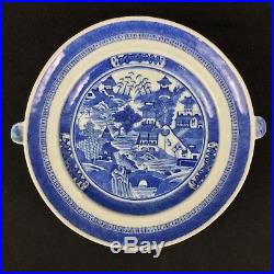 Antique Chinese Canton Blue White Warming Dish Plate Pagodas Bridge Water Scene
