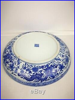 Antique Chinese Ceramic Blue White Large 5 Dragon Bowl/ Plate 1711-1799