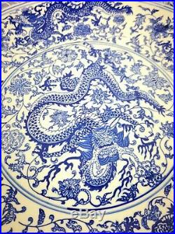 Antique Chinese Ceramic Blue White Large 5 Dragon Bowl/ Plate 1711-1799