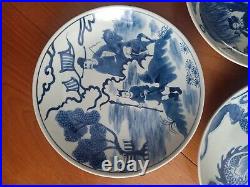 Antique Chinese Dragon/Scene Blue & White Porcelain Plates excellent condition