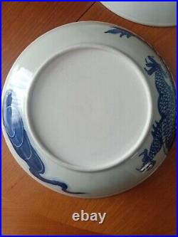 Antique Chinese Dragon/Scene Blue & White Porcelain Plates excellent condition